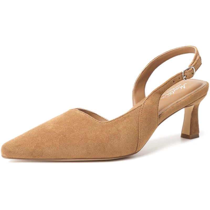 Mostrin Light Brown Kitten Slingback Heels for Women Suede Low Pointed Closed Toe Heels Women's Pumps Shoes Dressy for Office Work Party Size 8 - Image 1