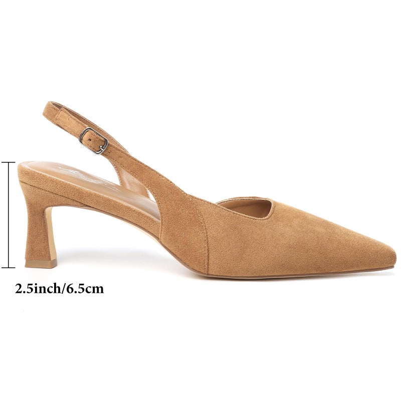 Mostrin Light Brown Kitten Slingback Heels for Women Suede Low Pointed Closed Toe Heels Women's Pumps Shoes Dressy for Office Work Party Size 8 - Image 5