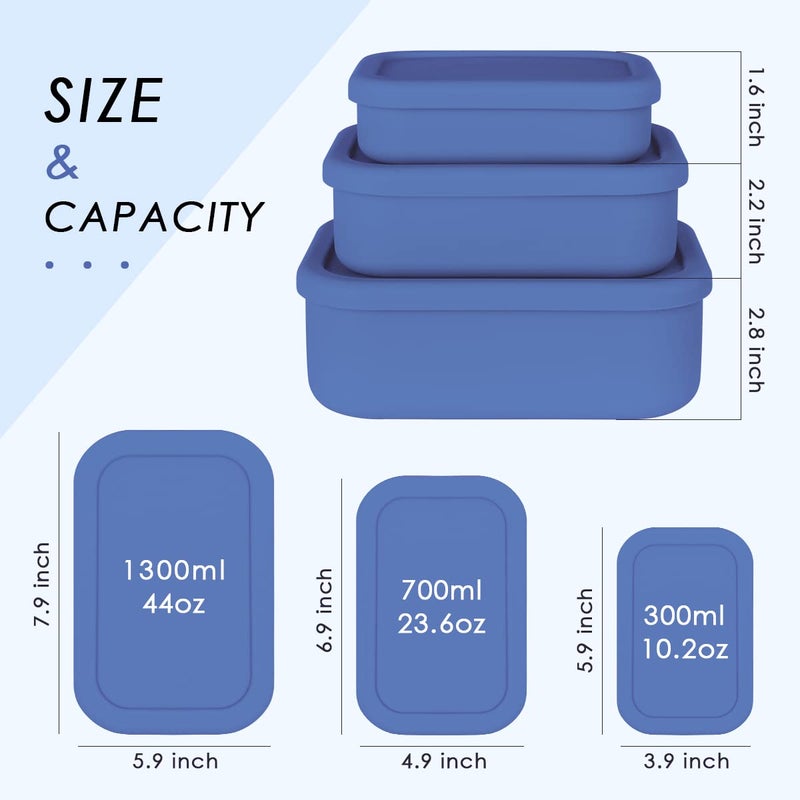 Keweis Silicone Food Storage Containers, Set of 3 Rectangular Bento Lunch Box Containers with Lids, Hard-Shell Silicone, Airtight, Microwave, Dishwasher and Freezer Safe (10oz, 23.6oz, 44oz) - Image 3