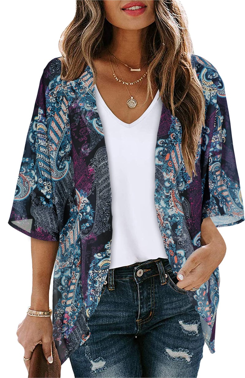 CHICGAL Summer Kimono Cardigan for Women Sheer Light Tops Casual Open Front Swimwear Shirts Beach Cover ups (Boho Purple,M) - Image 1