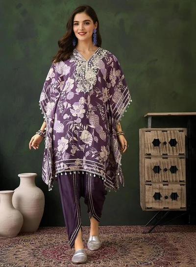 ISHIN Women's Purple Chanderi Embellished Tunic Top With Ankle Dhoti Flared 2 Peice Kurta Set