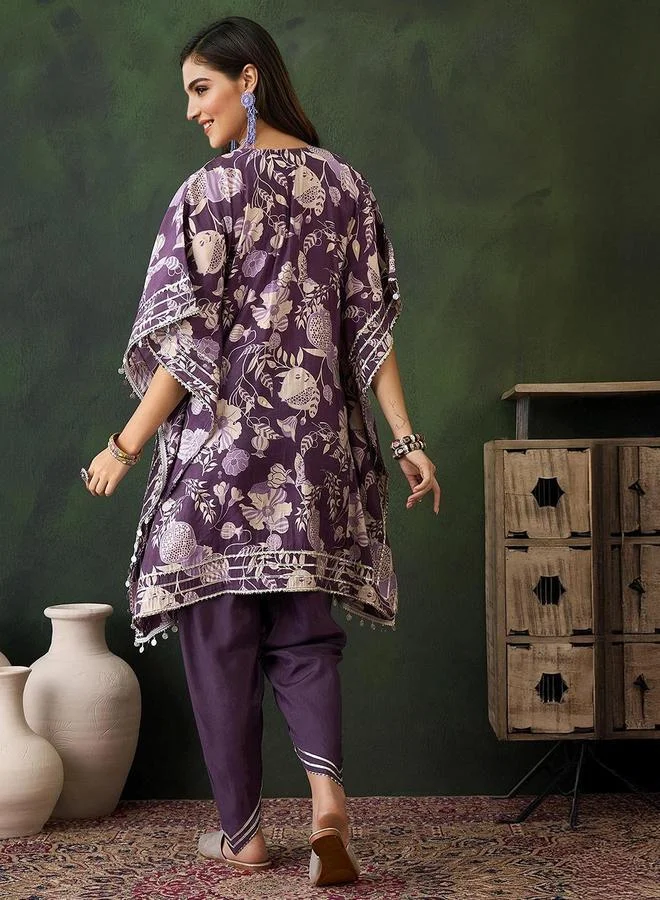 آي شين Women's Purple Chanderi Embellished Tunic Top With Ankle Dhoti Flared 2 Peice Kurta Set