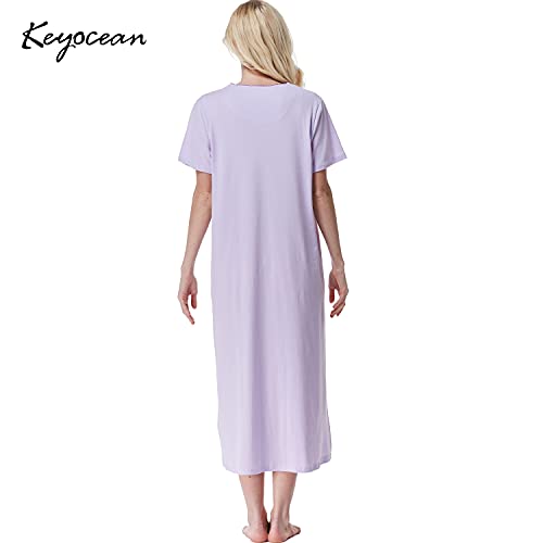 Keyocean Summer Women Nightgowns, Soft Comfortable 100% Cotton Short Sleeves Lightweight Ladies Nightgowns, Light Purple, Medium (M) - Image 2