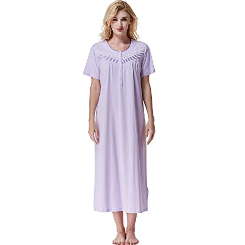Keyocean Summer Women Nightgowns, Soft Comfortable 100% Cotton Short Sleeves Lightweight Ladies Nightgowns, Light Purple, Medium (M) - Image 1