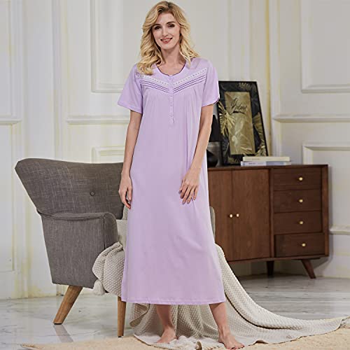 Keyocean Summer Women Nightgowns, Soft Comfortable 100% Cotton Short Sleeves Lightweight Ladies Nightgowns, Light Purple, Medium (M) - Image 4