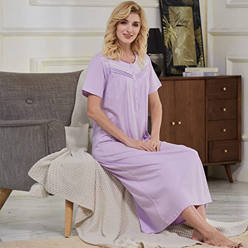 Keyocean Summer Women Nightgowns, Soft Comfortable 100% Cotton Short Sleeves Lightweight Ladies Nightgowns, Light Purple, Medium (M) - Image 3