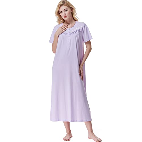 Keyocean Summer Women Nightgowns, Soft Comfortable 100% Cotton Short Sleeves Lightweight Ladies Nightgowns, Light Purple, Medium (M) - Image 5