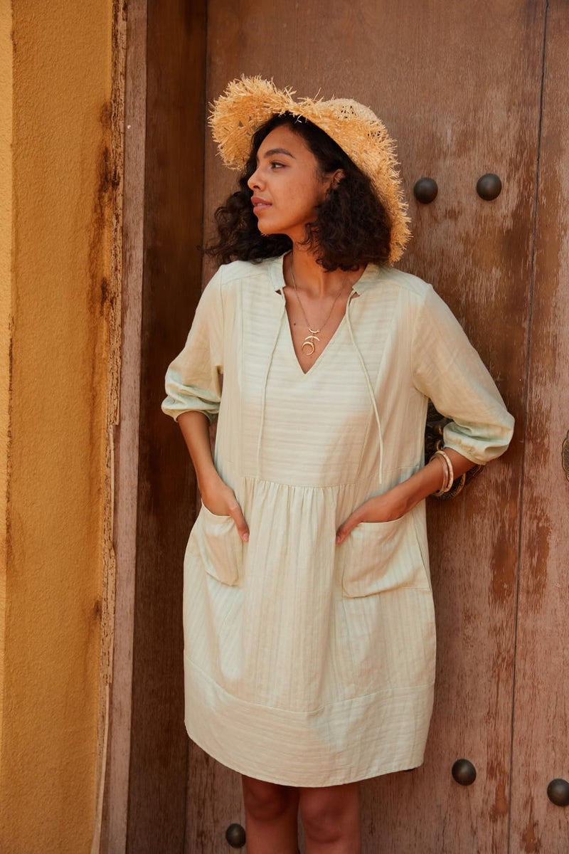 Lafural Womens V Neck Cotton Casual Loose Shift Tunic Smock Summer Dresses Vacation Dress 3/4 Sleeve Pocket Green S - Image 4