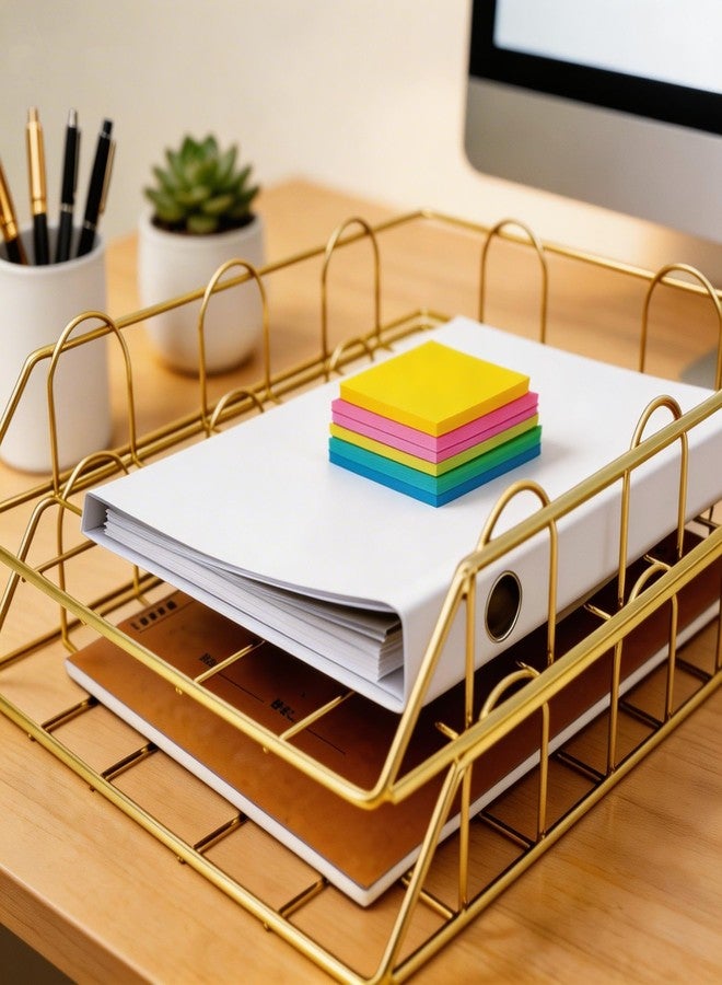 JIARI 2 Pack Desk Organizer Stackable Letter Tray Paper Organizer, Metal Desk Organizer Tray for Letter/A4 Paper Storage, for Office Supplies (Gold 2 Pack) - Image 4