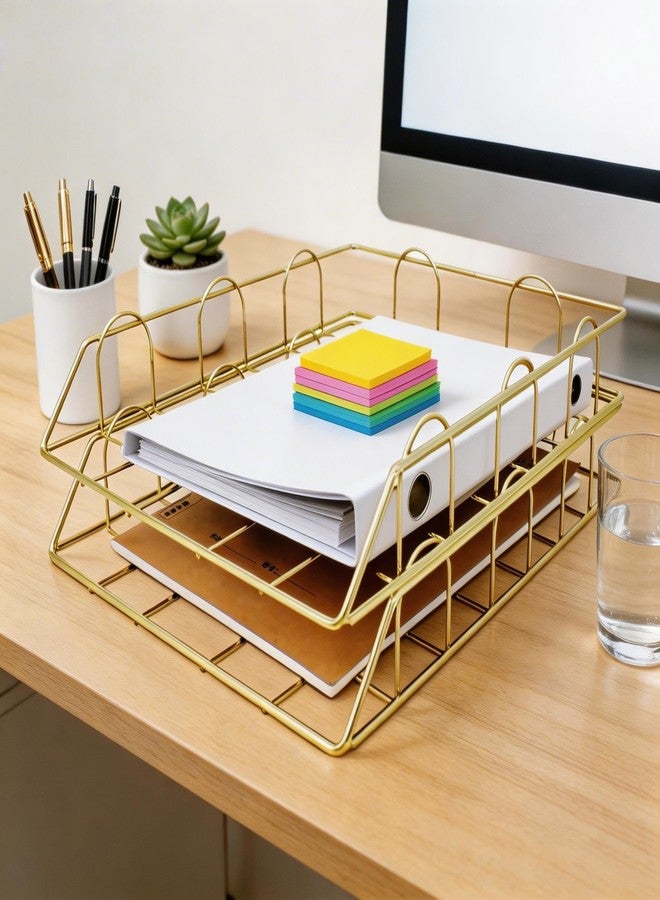 JIARI 2 Pack Desk Organizer Stackable Letter Tray Paper Organizer, Metal Desk Organizer Tray for Letter/A4 Paper Storage, for Office Supplies (Gold 2 Pack) - Image 3