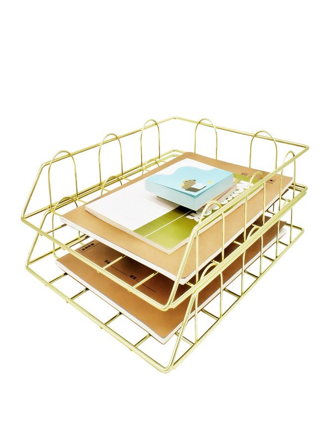 JIARI 2 Pack Desk Organizer Stackable Letter Tray Paper Organizer, Metal Desk Organizer Tray for Letter/A4 Paper Storage, for Office Supplies (Gold 2 Pack) - Image 1