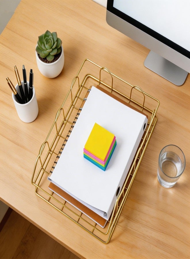JIARI 2 Pack Desk Organizer Stackable Letter Tray Paper Organizer, Metal Desk Organizer Tray for Letter/A4 Paper Storage, for Office Supplies (Gold 2 Pack) - Image 2