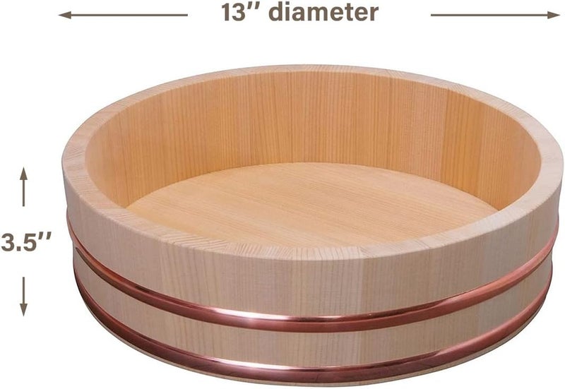 TIKUSAN Wooden Hangiri Sushi Rice Mixing Tub Copper Band Made in Japan Made of Sawara Cypress Sushi Rice Bowl Sushi Oke (13" (33cm)) - Image 5