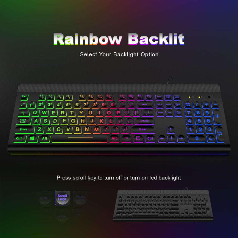 Atelus Large Print Backlit Keyboard, USB Wired Computer Keyboard, Full Size Keyboard with Rainbow Illuminated LED Compatible for Windows Desktop, Laptop, PC, Gaming, Black - Image 5