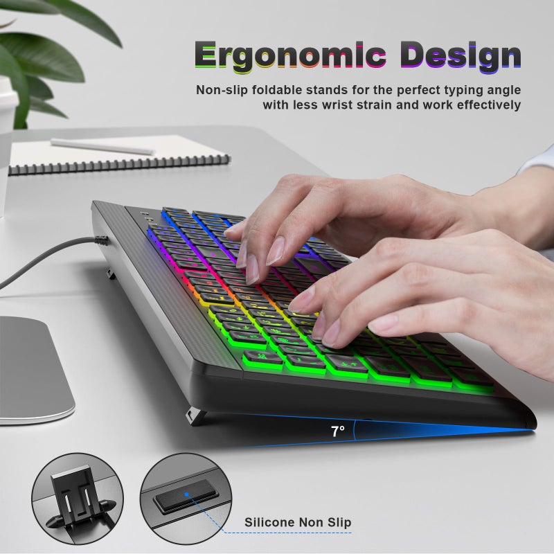 Atelus Large Print Backlit Keyboard, USB Wired Computer Keyboard, Full Size Keyboard with Rainbow Illuminated LED Compatible for Windows Desktop, Laptop, PC, Gaming, Black - Image 4