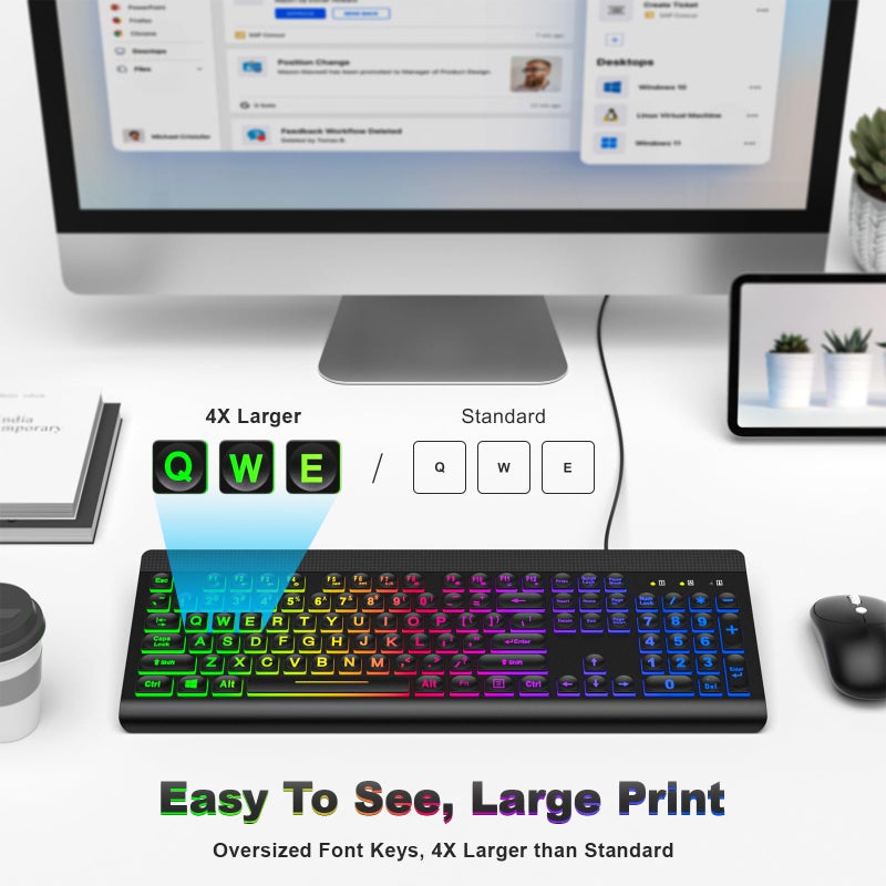 Atelus Large Print Backlit Keyboard, USB Wired Computer Keyboard, Full Size Keyboard with Rainbow Illuminated LED Compatible for Windows Desktop, Laptop, PC, Gaming, Black - Image 2