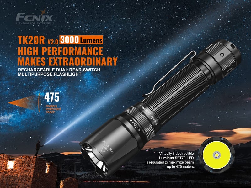 Fenix TK20R v2.0 3000 Lumen Rechargeable Tactical Flashlight, Long Throw with Two ARB-L21-5000 and LumenTac Organizer - Image 3