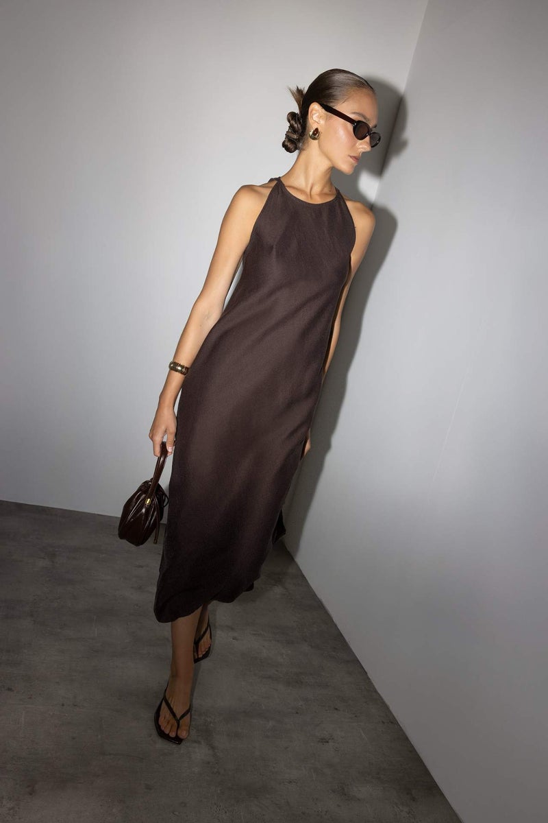 DeFacto Crew Neck Linen Maxi Dress - Image 3