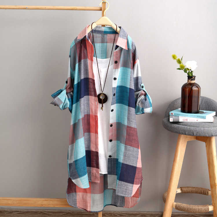 2023 sun protection shirt womens long size womens loose slimming plaid shirt womens coat 856# Black and White - Image 2