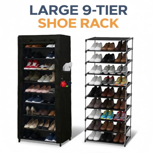 ROBMOB® 9 Tier Collapsible Metal Shoe Rack with Fabric Cover | Multipurpose Shoe Storage Organizer Stand for Home & Office | Space Saving Foldable Cabinet (Black) - Image 4