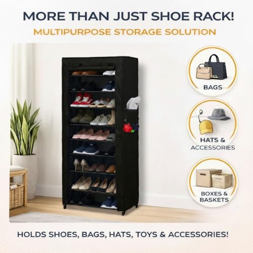 ROBMOB® 9 Tier Collapsible Metal Shoe Rack with Fabric Cover | Multipurpose Shoe Storage Organizer Stand for Home & Office | Space Saving Foldable Cabinet (Black) - Image 2