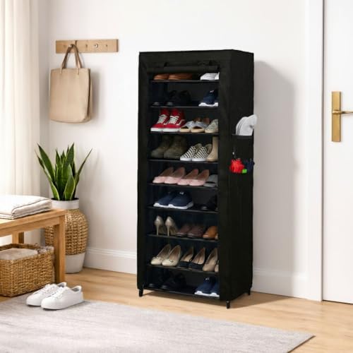 ROBMOB® 9 Tier Collapsible Metal Shoe Rack with Fabric Cover | Multipurpose Shoe Storage Organizer Stand for Home & Office | Space Saving Foldable Cabinet (Black) - Image 1