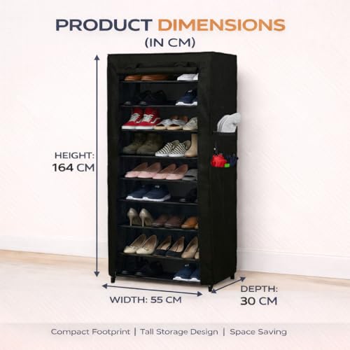 ROBMOB® 9 Tier Collapsible Metal Shoe Rack with Fabric Cover | Multipurpose Shoe Storage Organizer Stand for Home & Office | Space Saving Foldable Cabinet (Black) - Image 3