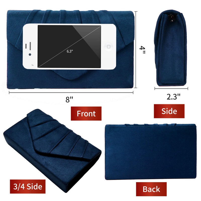 BBjinronjy Clutch Purses for Women Evening Clutch Bag Women's Evening Bag with Detachable Chain for Wedding Prom Faux Suede (Navy Blue-Suede) - Image 5