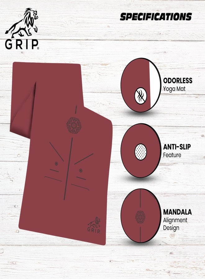 جريب بساط يوغا GRIP® | بساط تمارين | 24 × 72 بوصة | سمك 6 مم | تصميم ماندالا | مانع للانزلاق | للمنزل والنادي الرياضي | للرجال والنساء | لون الكرز - Image 2