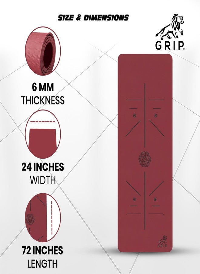 جريب بساط يوغا GRIP® | بساط تمارين | 24 × 72 بوصة | سمك 6 مم | تصميم ماندالا | مانع للانزلاق | للمنزل والنادي الرياضي | للرجال والنساء | لون الكرز - Image 3