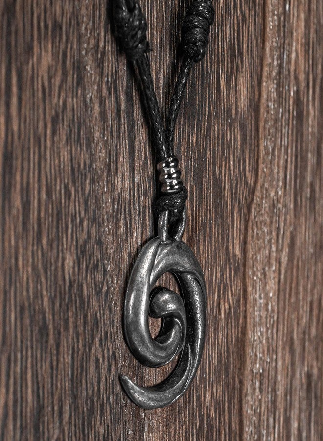 BlueRica Koru Spiral Wave on Adjustable Black Cord Necklace (Old Silver Finish) - Image 3
