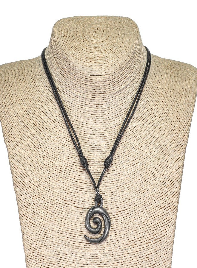 BlueRica Koru Spiral Wave on Adjustable Black Cord Necklace (Old Silver Finish) - Image 2