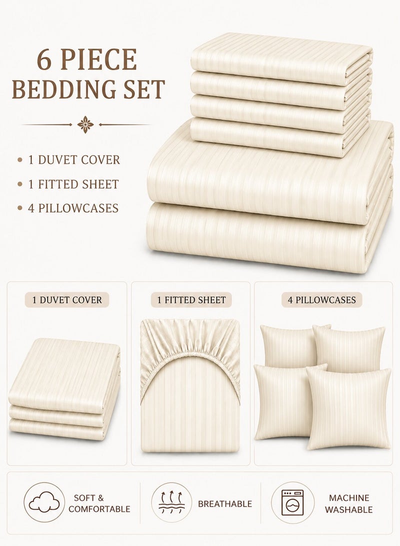 Aristocrat 6-Piece Stripe Microfiber Duvet Cover Set | Single | Includes 1 Duvet Cover (160x220cm), 1 Deep Pocket Fitted Sheet (120x200+30cm) & 4 Pillowcases (53x75+15cm) | Ultra Soft, Breathable & Wrinkle Resistant-cream - Image 2