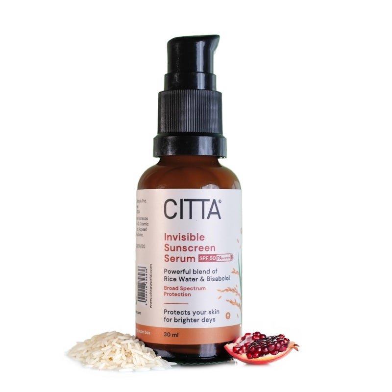 CITTA Invisible Sunscreen Serum SPF 50 PA For Women  Men  No White Cast For All Skin Types  Rice Water  Bisabolol Sunscreen Serum  Hydrating  NonGreasy  30 ml - Image 1