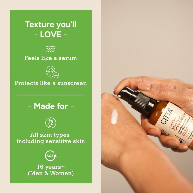 CITTA Invisible Sunscreen Serum SPF 50 PA For Women  Men  No White Cast For All Skin Types  Rice Water  Bisabolol Sunscreen Serum  Hydrating  NonGreasy  30 ml - Image 4