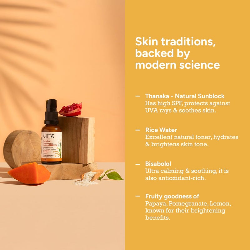 CITTA Invisible Sunscreen Serum SPF 50 PA For Women  Men  No White Cast For All Skin Types  Rice Water  Bisabolol Sunscreen Serum  Hydrating  NonGreasy  30 ml - Image 3