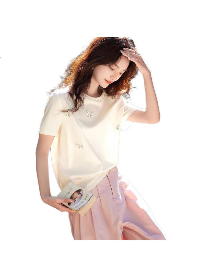 dme Embroidered Patch Decoration】Summer 180G Cotton Ammonia Short Sleeve Round Neck Petite Women'S T-Shirt - Image 2