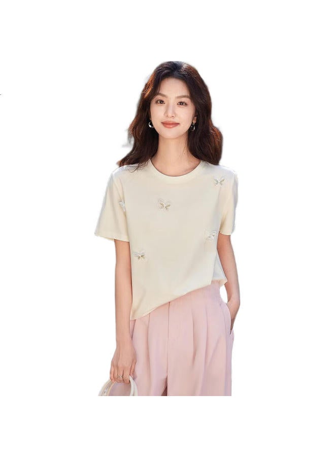dme Embroidered Patch Decoration】Summer 180G Cotton Ammonia Short Sleeve Round Neck Petite Women'S T-Shirt - Image 1