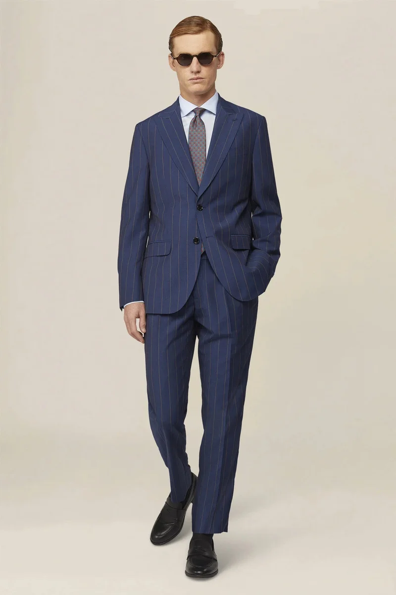 دوبل غانغر Men's pinstripe suit with double-pleated trousers and peak lapel jacket - DK Blue