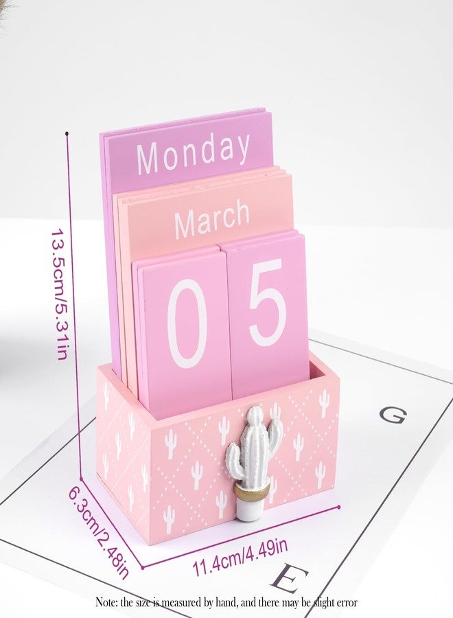 Notakia Perpetual Calendar Wooden Blocks Vintage Wood Block Calendar for Home Office Desk Accessories Week Month Date Display (Pink Calendar) - Image 2