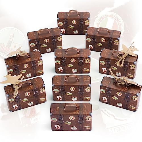VGOODALL 50PCS Mini Suitcase Favor Boxes, Travel Theme Candy Box Vintage Kraft Cardboard with Tags and Burlap Twine for Wedding Travel Theme Party Bridal Shower Decoration - Image 1