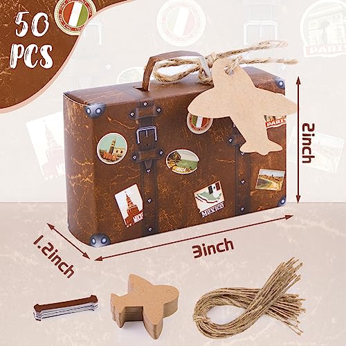 VGOODALL 50PCS Mini Suitcase Favor Boxes, Travel Theme Candy Box Vintage Kraft Cardboard with Tags and Burlap Twine for Wedding Travel Theme Party Bridal Shower Decoration - Image 3
