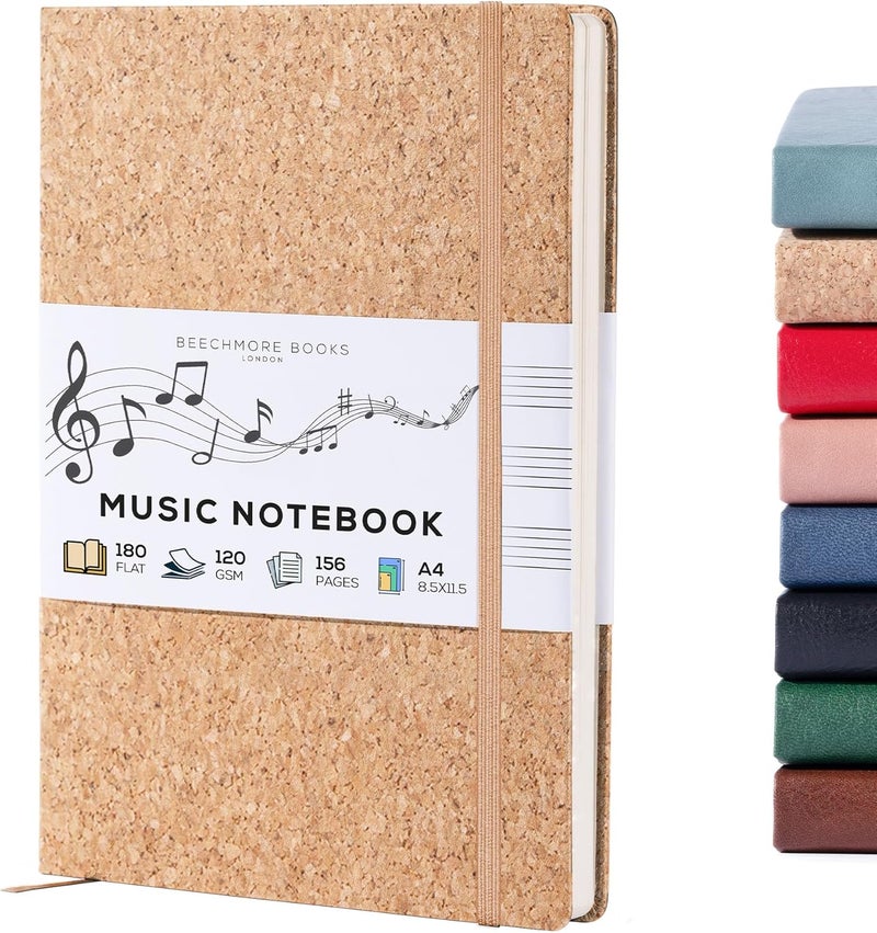 Beechmore Books دفتر موسيقى فارغ – A4 8.5x11.5 للملحنين، الموسيقيين والمبدعين، 156 صفحة سميكة 120gsm، 10 ورقات مثقوبة، غلاف جلد نباتي، إغلاق مرن، صندوق هدايا - Image 1