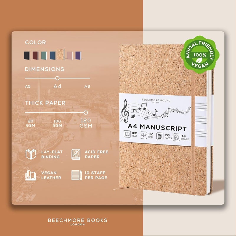 Beechmore Books دفتر موسيقى فارغ – A4 8.5x11.5 للملحنين، الموسيقيين والمبدعين، 156 صفحة سميكة 120gsm، 10 ورقات مثقوبة، غلاف جلد نباتي، إغلاق مرن، صندوق هدايا - Image 2
