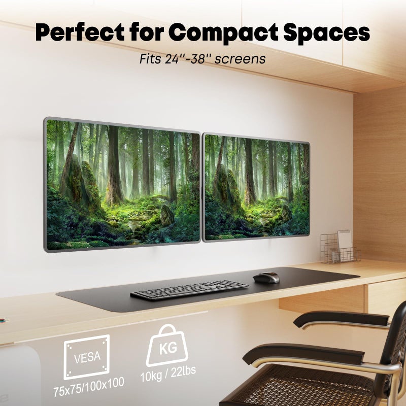 PUTORSEN حامل حائط لشاشة PUTORSEN مزدوج 24-38 بوصة - ذراع حامل شاشة مزدوج عريض، إعداد حائط مسطح، أقصى وزن 22 رطل لكل شاشة، VESA 75x75/100x100 مم، أسود - Image 2