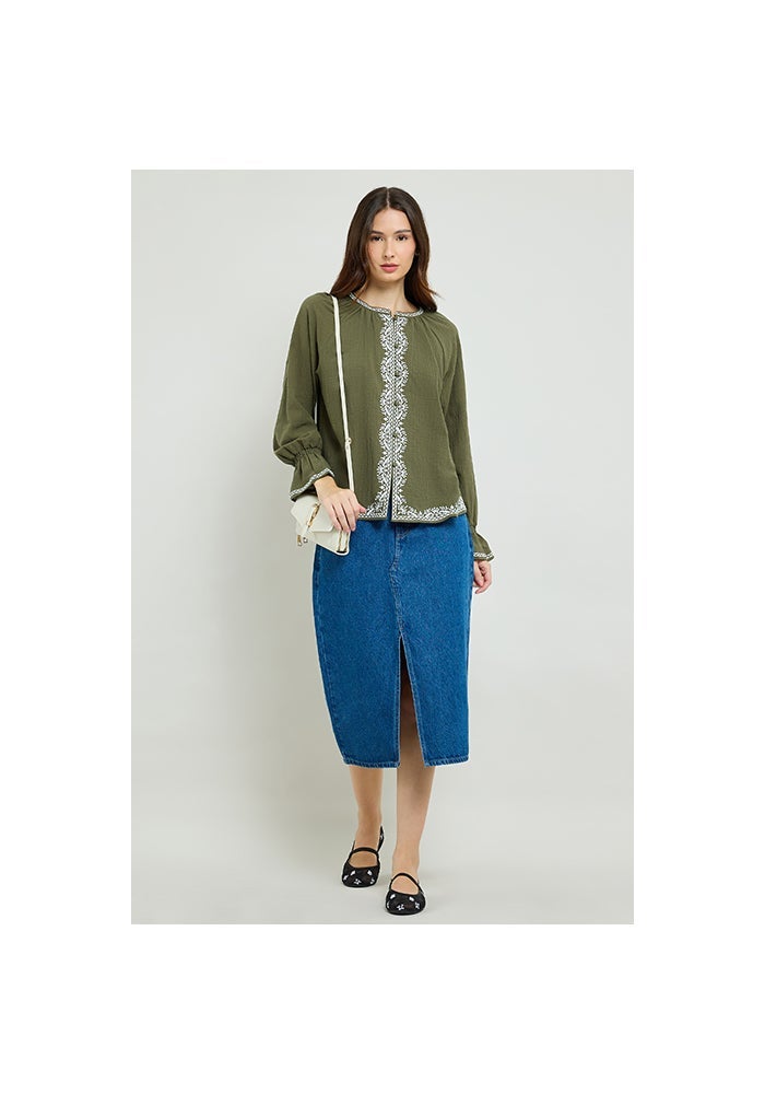 R&B Embroidered Top with Crew Neck and Flounce Sleeves - Image 2