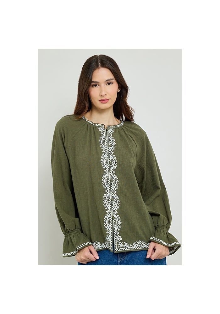 R&B Embroidered Top with Crew Neck and Flounce Sleeves - Image 1