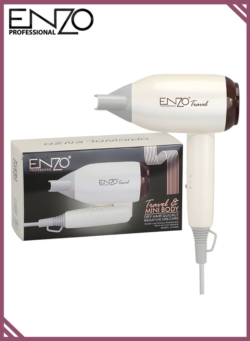 إنزو مجفف شعر صغير للسفر ENZO EN-608 بقوة 1200 واط – مجفف شعر قابل للطي بتقنية السيراميك، سرعتين وتصميم محمول للاستخدام المنزلي والسفر - Image 1
