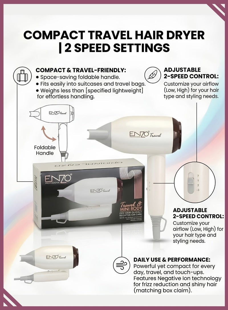 ENZO EN-608 Mini Travel Hair Dryer 1200W – Foldable Compact Hair Dryer with Ceramic Technology, Dual Speed & Portable Design for Home and Travel - Image 2
