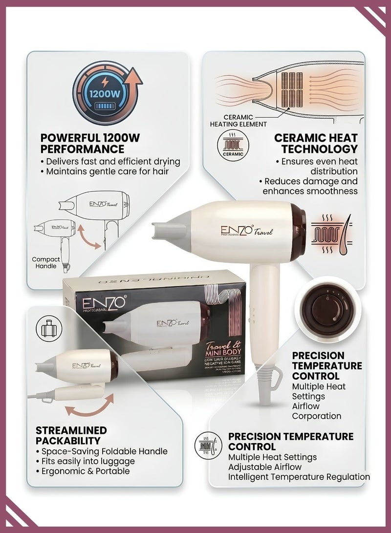 ENZO EN-608 Mini Travel Hair Dryer 1200W – Foldable Compact Hair Dryer with Ceramic Technology, Dual Speed & Portable Design for Home and Travel - Image 4